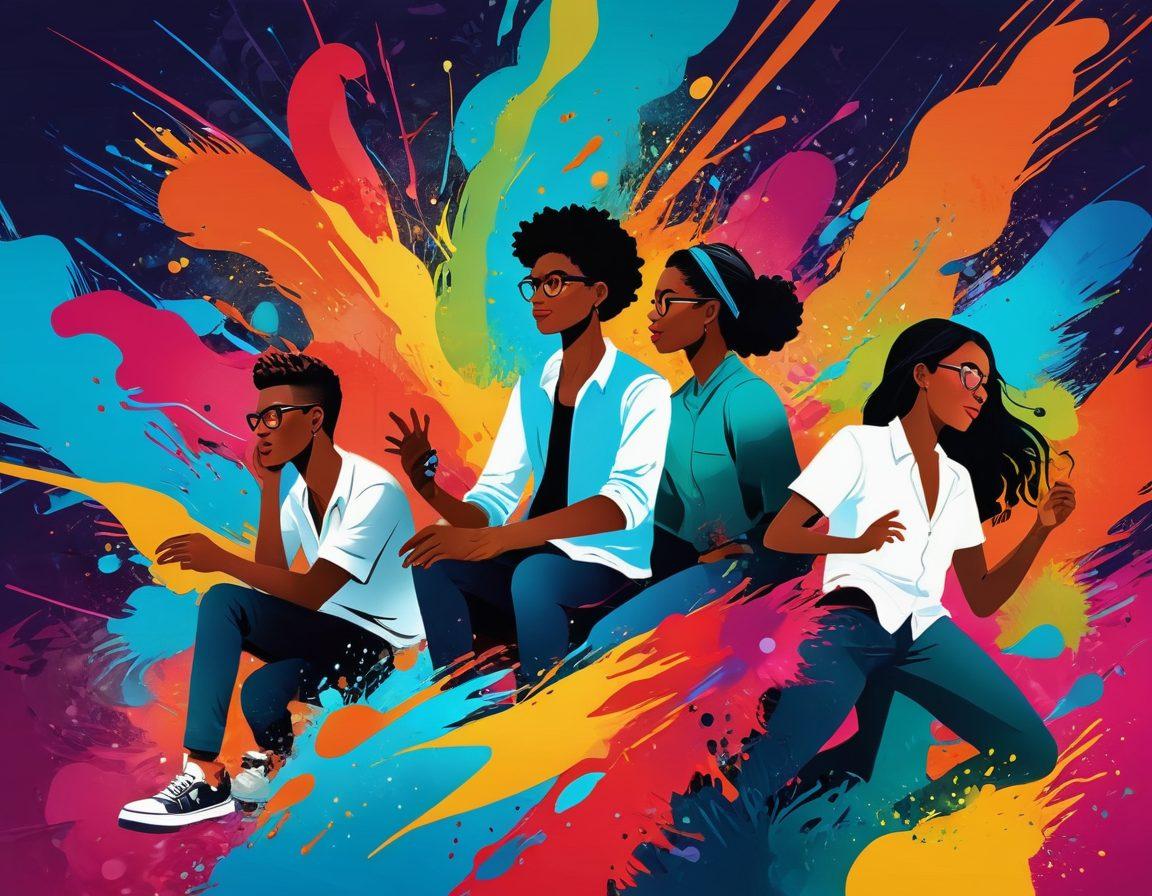 A dynamic scene showcasing a diverse group of storytellers sharing visual tales through illustrations, animations, and multimedia presentations. The background features vibrant imagery of iconic brands interwoven with artistic elements like paint splashes and graphic designs. Include expression of creativity and collaboration among the storytellers, emphasizing the impact of visual storytelling in branding. surreal art style. vibrant colors. abstract background.