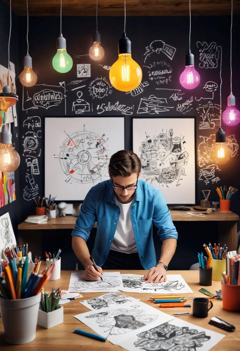 A dynamic scene depicting a designer at work, surrounded by colorful sketches of logos that transform into vibrant visual stories. In the background, various brand logos evolve into narratives, showcasing the impact of creative logo design. Incorporate elements of inspiration like lightbulbs and artistic tools. The atmosphere should be energetic and innovative. super-realistic. vibrant colors. 3D.