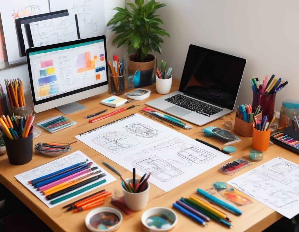 A dynamic logo design workspace featuring a diverse group of designers collaborating on vibrant sketches and digital designs. Emphasize colorful logo drafts on an artistic desk, surrounded by creative tools like markers, a computer with design software open, and mood boards showcasing various branding concepts. Include elements of marketing strategy such as charts and graphs in the background to illustrate their importance. modern and sleek aesthetic. vibrant colors. 3D.